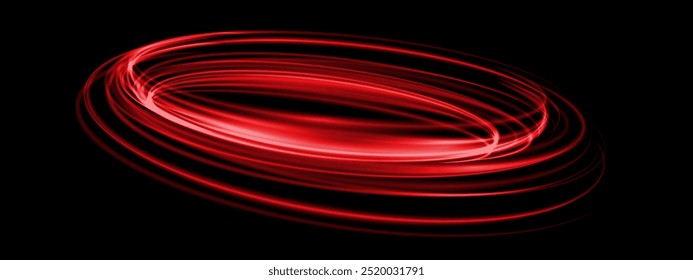 Abstract red speed light lines neon ring glowing circle round movement on black background vector illustration.