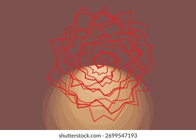 Abstract red spiral flower shape with gradient sphere on muted brown background, evoking growth and energy.
