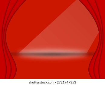 Fundo de palco vermelho abstrato com uma plataforma de pódio central com sombra macia e formas de onda elegantes como cortina nas laterais. Composição minimalista moderna inspirada por estágios de apresentação, exibição de produtos, teatro e conceitos de cerimônia de premiação. A paleta de cores vermelho arrojado transmite luxo, poder, confiança e celebração. Este fundo é ideal para maquetes de produtos, publicidade, branding, cartazes, banners, apresentações, promoções de eventos, conteúdo de mídia social e materiais de marketing digital. Design limpo sem texto, logotipos ou marcas, tornando-o adequado para uso comercial, projetos criativos, modelos e layouts visuais contemporâneos.