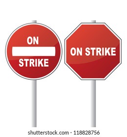 Abstract red stop alert road sign with "On Strike" text