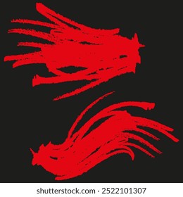 Abstractas trazos rojos. Movimiento de pincel audaz. Fuerte contraste rojo. Fondo negro oscuro.