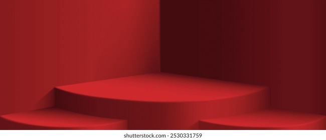 Abstract red studio background podium. Room with backdrop for product display. Wedding, love, valentine style curved podium.