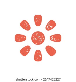 Resumen de sol rojo con vigas de iluminación minimalista simple logotipo decorativo diseño grunge textura ilustración vectorial. Escenario de verano natural símbolo del paisaje de vacaciones de sol y sol de viaje aislado