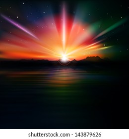 abstract red sunrise background with mountains and stars