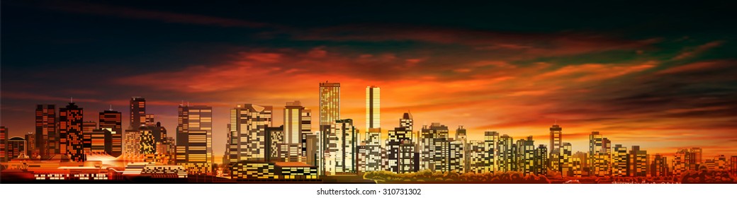 abstract red sunset background with panorama of vancouver