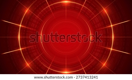Abstract red technology background with glowing gold circular lines and light rays. Futuristic vector digital high-tech security and data concepts