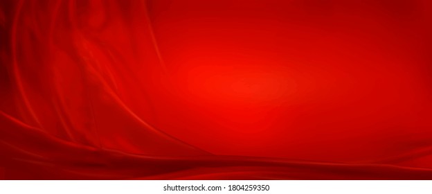 Abstract Red Textile Background Soft Cloth. Silk or Satin  material. Holiday Christmas  design. Velvet wavy curtain. Xmas celebration template. Copy space. Vector illustration