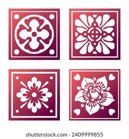 Abstract red tiles with blooming patterns inside