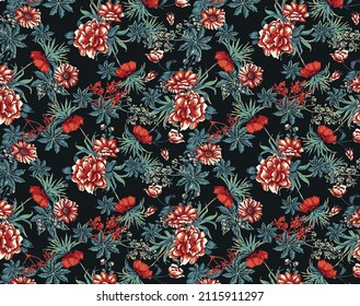abstract red tones flowers with multi leaves illustration all over vector textile design digital image