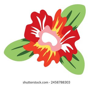 Abstract red tropical flower in flat design. Blooming hibiscus or rose head. Vector illustration isolated.