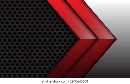 Abstract red twin arrow glossy direction grey metallic on dark circle mesh texture pattern design modern futuristic background vector illustration.