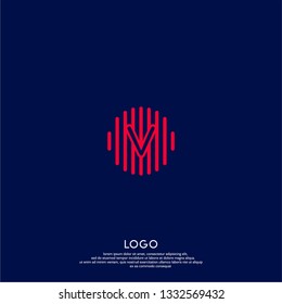 abstract red V logo letter in circle lines shape with dark blue background design concept