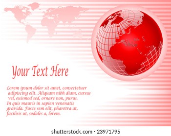 An abstract red vector background with a wire mesh globe on a pink striped base with room for text