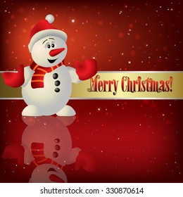 Abstract red vector Christmas illustration with snowman and snowflakes