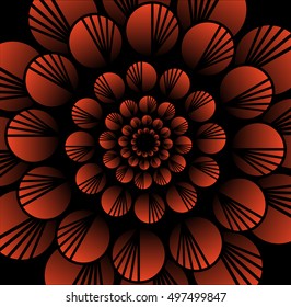 Abstract red vector flower in fractal style on black background, high contrasting decorative tile with 3d effect