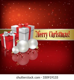 Abstract red vector illustration with Christmas gifts and decorations