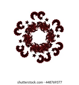 Abstract red and vinous color decor with round of starfish, flourish and star, perfect abstract frame for cover, card, cartoon and cloth design, vector fractal illustration