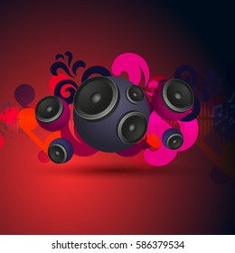 Abstract red vintage music background with round speakers. EPS10 vector.