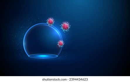 Abstract red viruses outside a transparent glass dome. Immune system and virus protection concept. Low poly digital style. Blue geometric background. Wireframe structur. Modern 3d graphic. Vector.