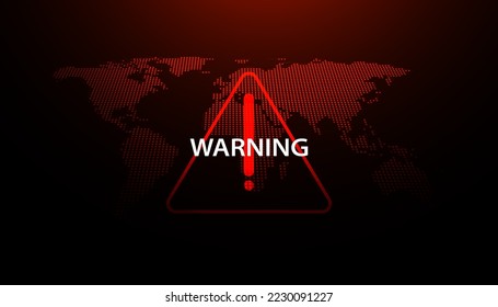 Abstract red warning symbol on world map background for warning disaster or cyber defense threat global warming crisis or war