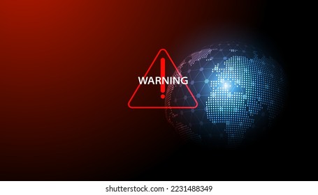 Abstract red warning symbol on world map background for warning disaster or cyber defense threat global warming crisis or war