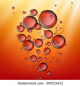 Abstract red Water bubbles rising on shiny orange background. 