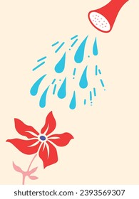 Abstract red waterer, watering red colored flower. Vector illustration for tshirt or poster design isolated on vertical yellow colored background. Simple flat cartoon minimalist art styled drawing. 