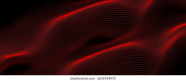 Abstract red wave lines on black background with flowing, futuristic motion effect, Modern dark digital theme
