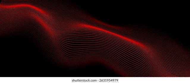 Abstract red wave lines on black background with flowing, futuristic motion effect, perfect for tech, music, or digital backgrounds.