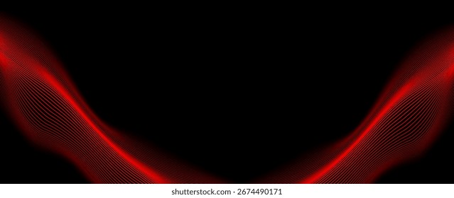 Abstractas líneas de onda roja sobre fondo negro con efecto de movimiento fluyente y futurista, diseño moderno de moda en Ilustración vectorial