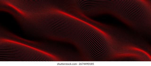 Abstract red wave lines on black background with flowing, futuristic motion effect, Modern creative trendy design