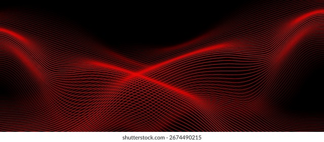 Linhas de ondas vermelhas abstratas em fundo preto com efeito de movimento futurista, fluente, perfeito para tecnologia, música ou fundos digitais.