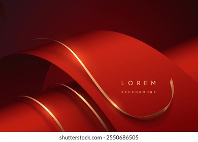 Abstract red waved shapes with golden ribbons