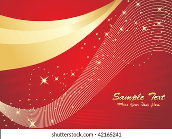 abstract red waves and golden stripes with shiny star background