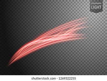 Abstract red wavy line of light with a transparent background, isolated and easy to edit