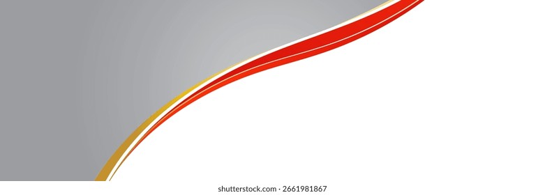 Fondo rojo y blanco abstracto con ondas rojas que fluyen con acentos de curvas de oro metálico. Vector 