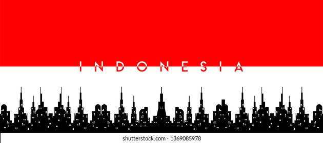 abstract red and white background, flag of indonesia with black cityscape wallpaper design concept