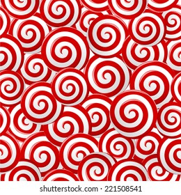 Abstract red and white candy spiral lollipops seamless pattern background. vector art image illustration, eps10