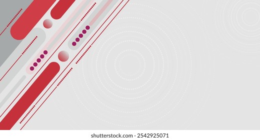Abstractas rojo y blanco con una combinación de rayas y círculos sobre un fondo moderno blanco degradado