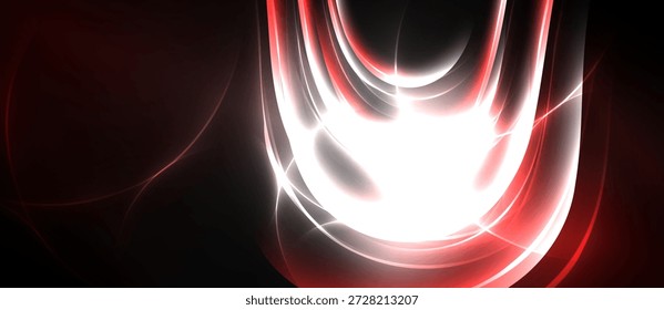 Abstraktes Rot, weiße Energie fließt. Dynamische Kurven erzeugen leuchtende Formen auf dunklem Hintergrund. Moderne digitale Kunst.