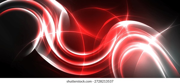 Abstractas energía roja y blanca fluye. Las curvas dinámicas crean un impacto visual vibrante. El fondo oscuro enfatiza la luminosidad, el movimiento.