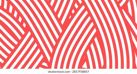 Abstract red and white geometric background with overlapping diagonal stripes pattern, candy cane ribbon weave line texture, and modern optical illusion vector illustration.
