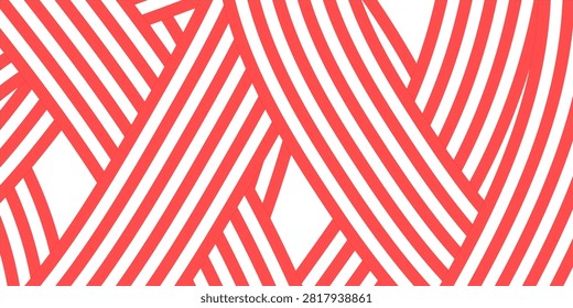 Abstract red and white geometric background with overlapping diagonal stripes pattern, candy cane ribbon weave line texture, and modern optical illusion vector illustration.