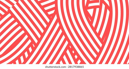 Abstract red and white geometric background with overlapping diagonal stripes pattern, candy cane ribbon weave line texture, and modern optical illusion vector illustration.