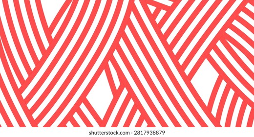 Abstract red and white geometric background with overlapping diagonal stripes pattern, candy cane ribbon weave line texture, and modern optical illusion vector illustration.