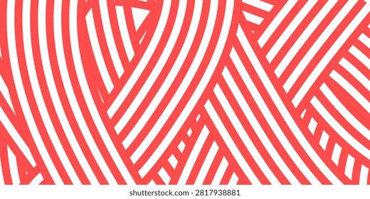 Abstract red and white geometric background with overlapping diagonal stripes pattern, candy cane ribbon weave line texture, and modern optical illusion vector illustration.