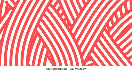 Abstract red and white geometric background with overlapping diagonal stripes pattern, candy cane ribbon weave line texture, and modern optical illusion vector illustration.