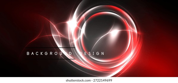 Abstractas círculos brillantes rojos, blancos sobre fondo negro. Elemento de diseño moderno, flujo dinámico de energía, presentación elegante.