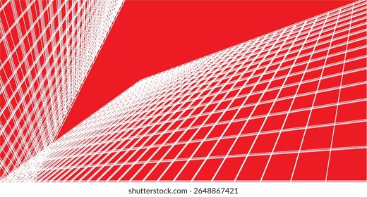 Design abstrato com base em grade em vermelho e branco exibindo uma estética moderna, minimalista e arquitetônica. Apresenta linhas, simetria