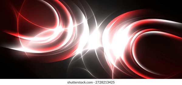 Abstractas curvas de luz roja y blanca irradian desde el centro. El fondo oscuro crea un impacto visual dramático. La energía fluye dinámicamente.